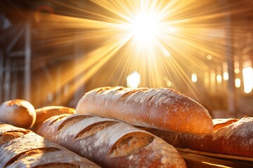 Freshly baked bread with golden crust displayed on store shelves in a sunlit bakery