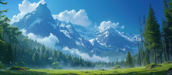 Mountain with pines forest with blue sky landscape. AI generated image