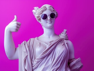 female smiling white statue portrait, shows thumbs up, wear sunglasses, smiling, ancient clothes, 