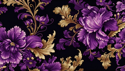  purple and gold floral pattern against black background - obrazy, fototapety, plakaty