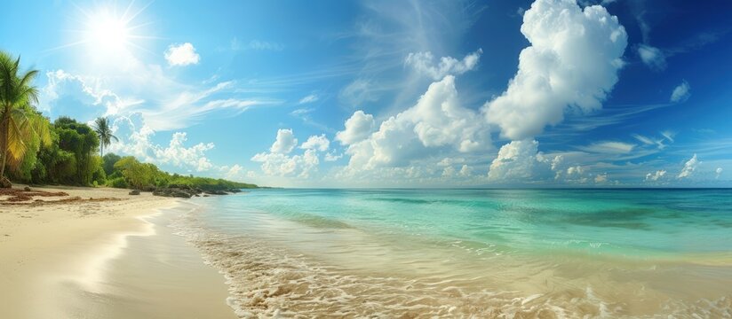 Beautiful panorama of seascape tropical beach with blue sky background. AI generated image