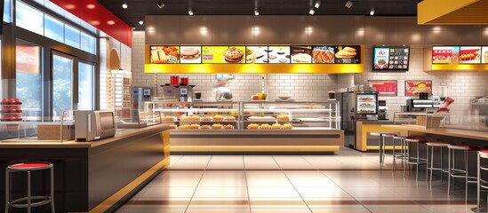 Fast food restaurant, shop store interior view. AI generated image - obrazy, fototapety, plakaty