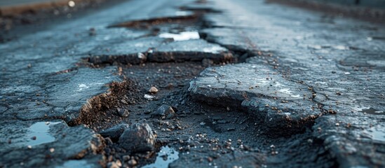 Closeup bad damaged asphalt road with potholes that are dangerous for passing cars. AI generated - obrazy, fototapety, plakaty