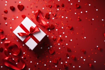 White gift box with white ribbon on dark red table with heart shaped confetti. Celebrating Valentine's Day, wedding, anniversary or birthday, love, flat layout, top view