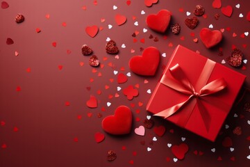 Red gift box on a dark red table with heart-shaped confetti. Celebrating Valentine's Day, wedding, anniversary or birthday, love, flat layout, top view...