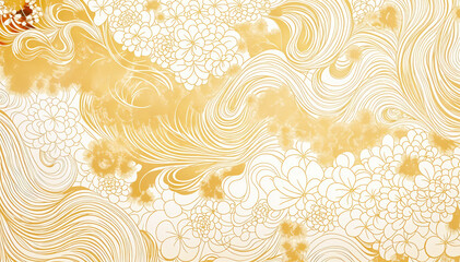 golden Japanese pattern with clouds, flowers, and waves
