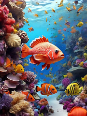 Fototapeta na wymiar Tropical sea underwater fishes on coral reef, Generative AI