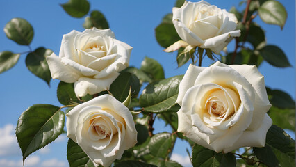 Beautiful white rose with green leaves on a background of blue sky