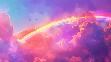 Foto op Canvas Neon Rainbow In The Clouds fantasy background illustration. © Dorido