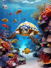 Obraz na płótnie Canvas Turtle swimming in coral reef underwater high-quality image, generative AI 