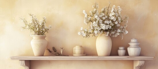 Provence-style home decor: wall shelf adorned with vase and flowers.