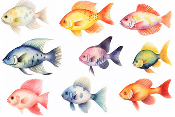 Set of watercolor fish on a white background.