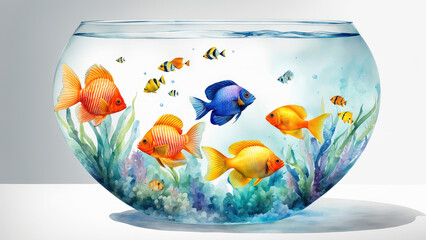 Light watercolor glass fishbowl containing tropical fish white background.