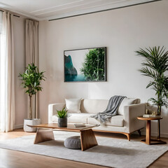beautiful new modern living room indoor area, living room, indoor area, modern sofa, living room indoor area, small book holder table,  indoor plant ,isolated white color mix wall