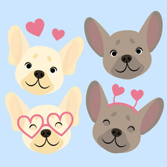 Set of French bulldog heads with heart-shaped glasses and headband with hearts for Valentine's Day