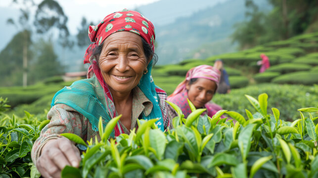 Group of women harvesting tea plants, Camellia in Asia.