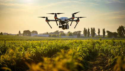 drone flying over field of crops IOT Drone surveying crop  - obrazy, fototapety, plakaty