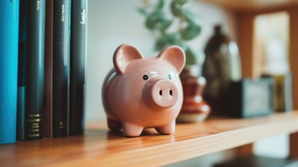 Cute pink piggy bank stand on bookshelves. Money savings concept. Financial investment in future. Finance well-being. Wealth symbol. Kids piggybank. Children learn financial literacy. Big invest fund.