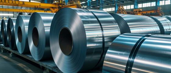 Gleaming steel coils in an industrial warehouse, the backbone of modern manufacturing and engineering