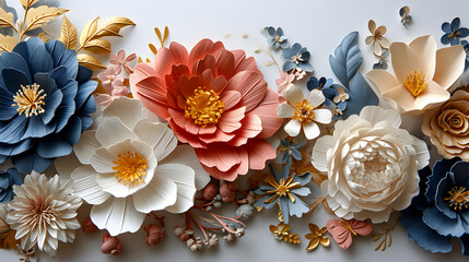 paper art on a white background, light orange and dark gray, made of flowers, recycled material murals, light blue and light beige, dark white and light pink, sculpted, natural