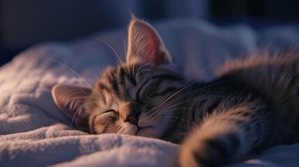 Realistic shot of a cute miniature kitten getting ready to sleep - obrazy, fototapety, plakaty