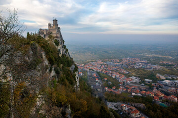 Obraz premium The Guaita, also known as the Rocca or the First Tower. It is one of three towered peaks overlooking the city of San Marino. The fortress is the oldest and the most famous constructed on Monte Titano.