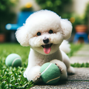 A bichon frise dog playing with a ball in a backyard