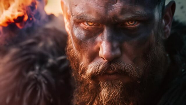Viking, fierce ancient warrior against the background of fire. Portrait of a medieval barbarian man looking at camera