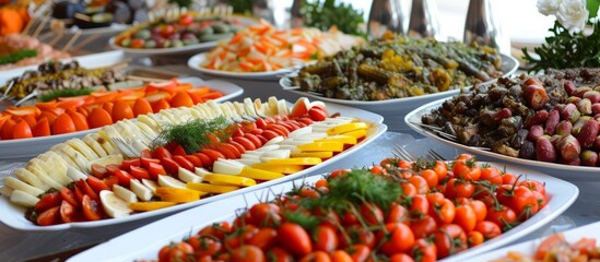 There are many appetizers in a Turkish fish and vegetable assortment at a restaurant. - obrazy, fototapety, plakaty