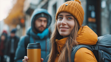 Coffee on the go. Woman holding a flask of hot beverage outside.