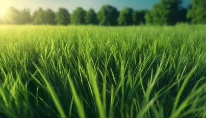 Fototapeta premium green wheat field, grass close-up, trees in the distance 