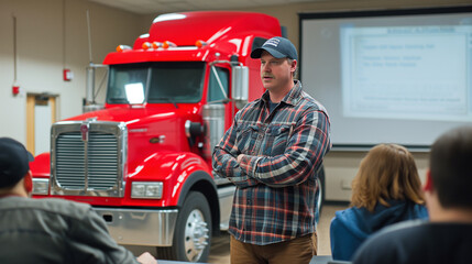 Instructor teaching students inside a trucking school. Future truckers learning. - obrazy, fototapety, plakaty