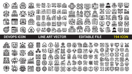 Devops icons set Collection. line art vector illustration and Graphic elements for websites. Cartoon flat vector illustrations isolated on a white background.