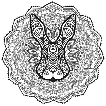 Rabbit head mandala. Vector illustration. Adult coloring page. Hare Animal in Zen boho style. Sacred, Peaceful. Tattoo print ornaments. Black and white