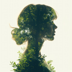 Silhouette woman with double exposure of foliage