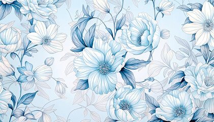 blue and white floral pattern background on light blue background 