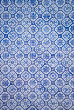 Classical tiles mosaic in blue and white with ornamental winter flowers 