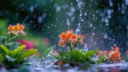 The joy of a playful downpour, with raindrops splashing all around in a burst of exuberance