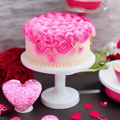 Cake with pink buttercream on a white plate, selective focus, Valentine Day, Anniversary