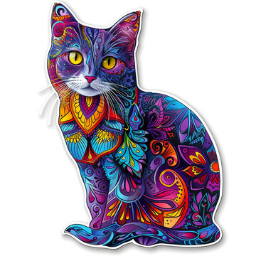 Sticker, cat in zentangle patterns, isolated image on white backgroundб, generated AI