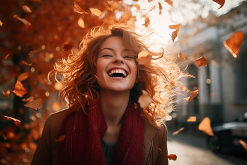Capturing joy: A woman laughs in the street, surrounded by swirling leaves in light crimson and orange hues, radiating youthful energy with exacting precision under natural lighting.