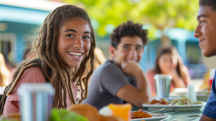 Obraz premium High school lunchtime, friends dining outside. 