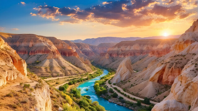 canyon view in summer. Colorful canyon landscape at sunset. nature scenery in the canyon. amazing nature background. summer landscape in nature. Tasyaran canyon travel in the great valley. Turkey.