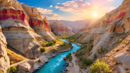 Schilderijen op glas canyon view in summer. Colorful canyon landscape at sunset. nature scenery in the canyon. amazing nature background. summer landscape in nature. Tasyaran canyon travel in the great valley. Turkey. © Junaid