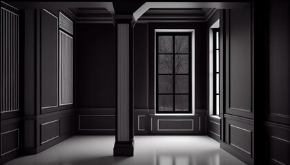 A room with black columns and a large window closeup background Ai generated image