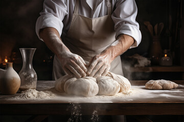 Experience villagecore charm as a chef crafts bread dough with humanistic empathy, showcasing graceful movements, foreshortening techniques, and exaggerated features.