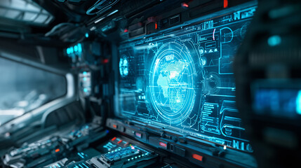 A futuristic concept art with a sci-fi vibe, a metallic shine, and a holographic interface