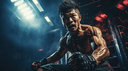Fototapeta na wymiar Intense male boxer throwing a dynamic punch during a competitive fight in a boxing ring, with dramatic lighting. generative ai 