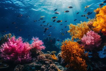 Naklejka na ściany i meble Underwater coral reef background, a vibrant and underwater scene featuring a coral reef with colorful marine life.