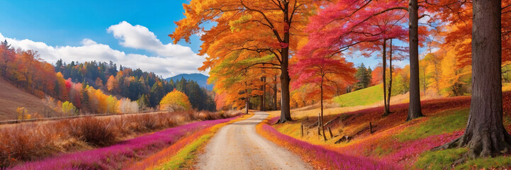 Colorful trees and footpath road in autumn landscape in forest. autumn colors in the forest....